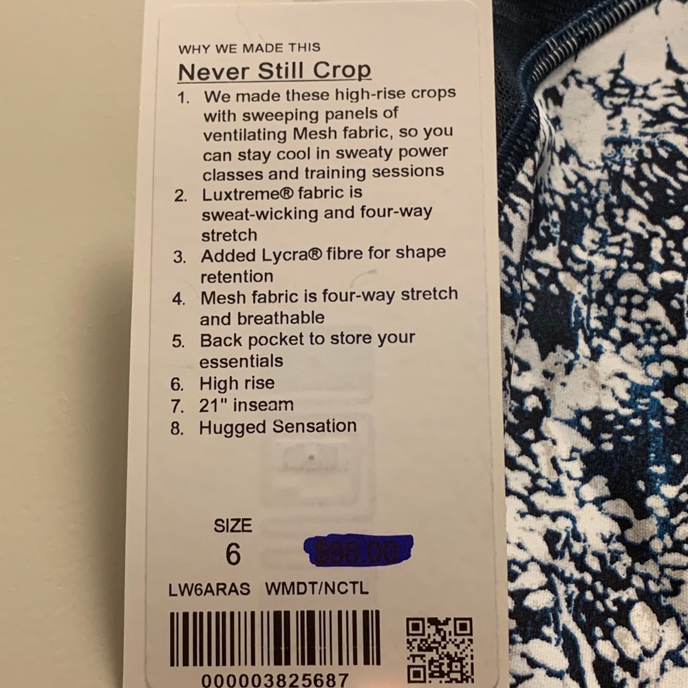 Lululemon Never Still Crop, size 6